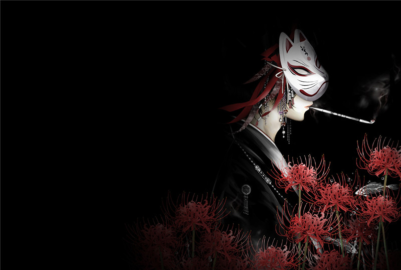 动漫日系狐面狐狸面具人物插画横竖壁纸原画